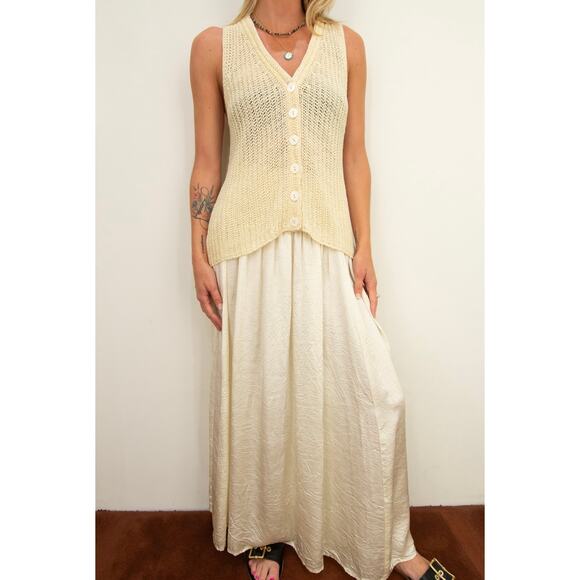 ENZA COSTA Linen Open Knit Vest Womens Medium Antique Cream Sleeveless Loose NEW